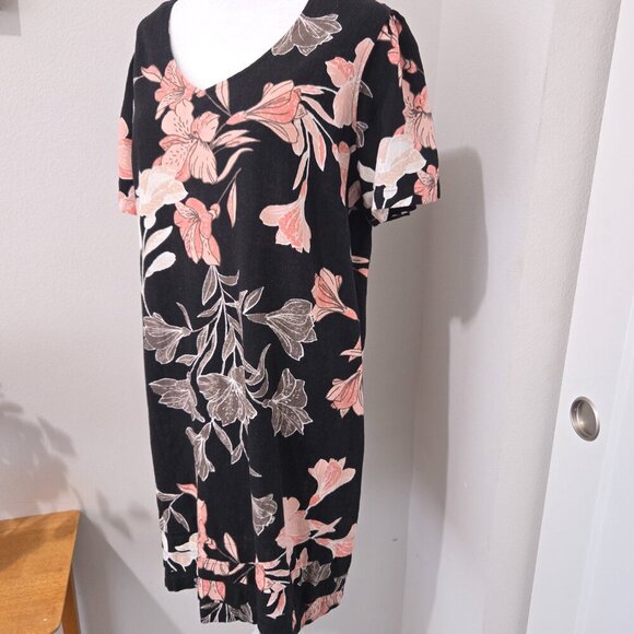 Nicole Miller Linen Blend Shift Short Sleeve Black Floral Dress - Large - Picture 4 of 9